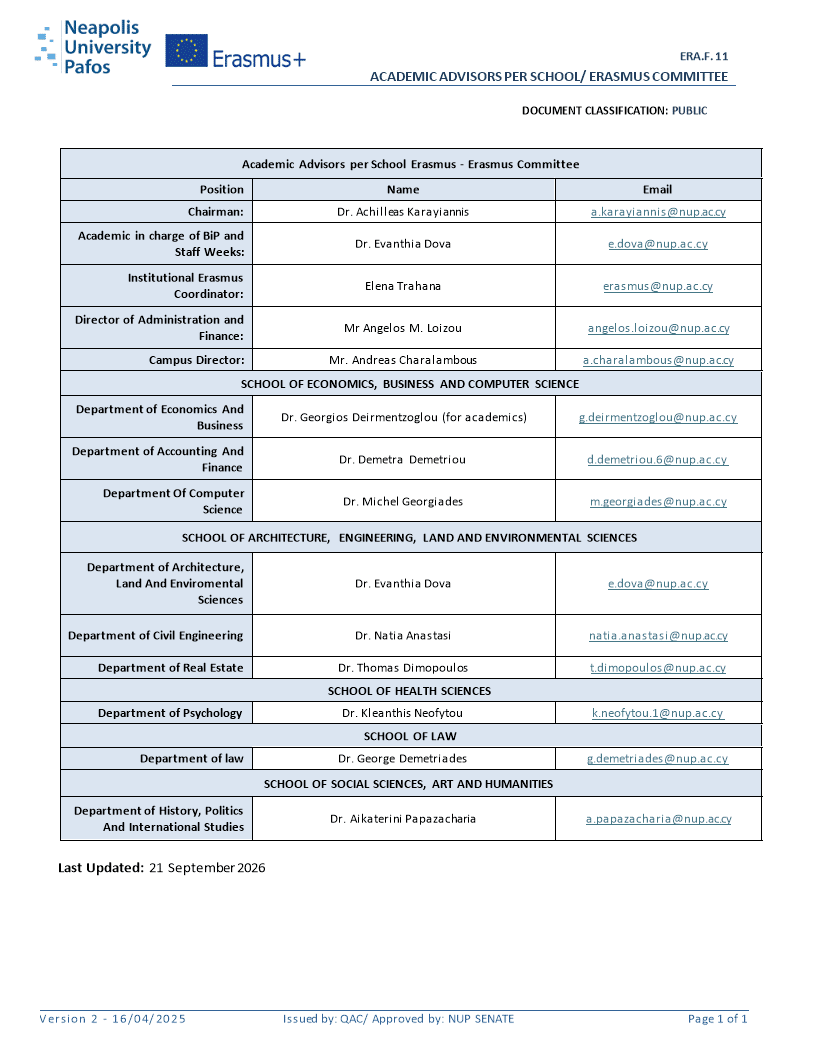 Academic Advisors per School Erasmus Sept 2026